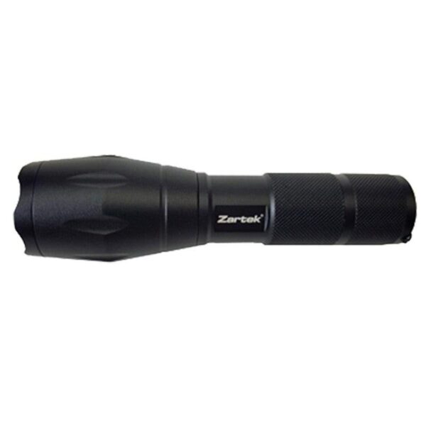 Zartek Extreme Bright Flashlight,
1000 Lm, 10W
Aluminium, Focus flood to spot, USB Rechargeable,
18650 battery 2200mAH, mains plug in charger, pouch, tactical back switch