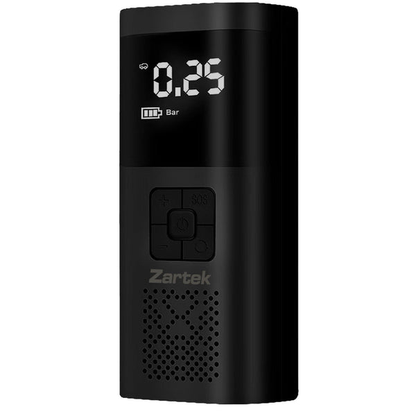 Zartek Air Pump Inflator portable rechargeable, Power 60W, Screen Display Pressure & Modes,
Battery Li-ion 2000mAH x 2, Mains USB Adaptor, Carry Bag, Hose, 4 x Nozzles, USB type C   cable, 12VDC Adapt 3m cable, Powerbank, LED Light white / red